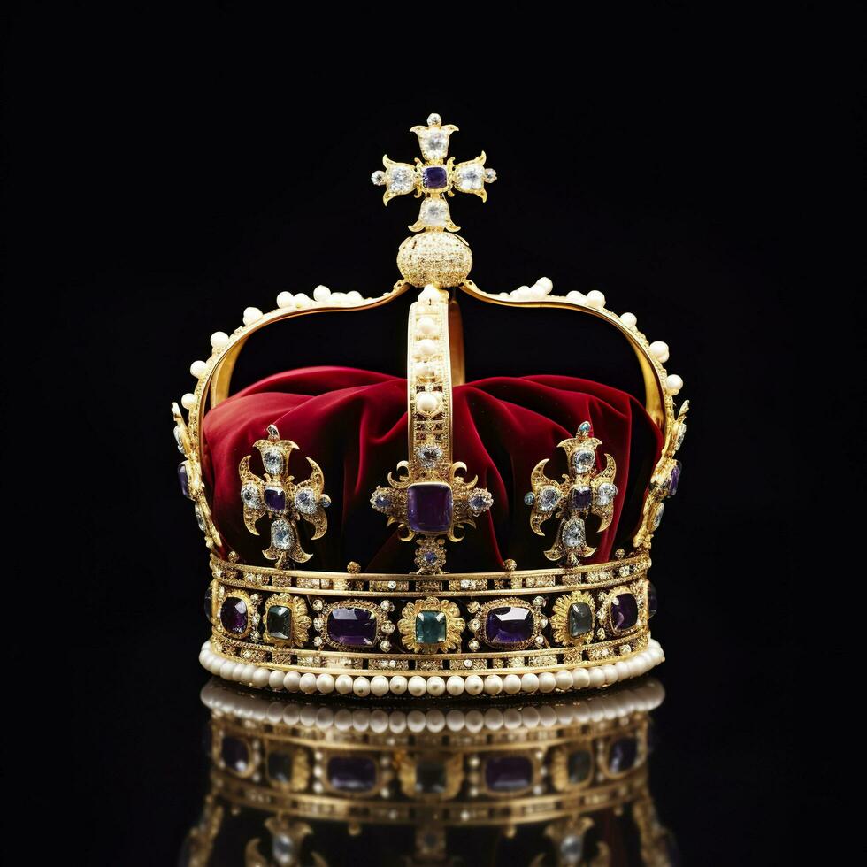 The Royal Coronation Crown Isolated on a Black Background. Generative AI photo