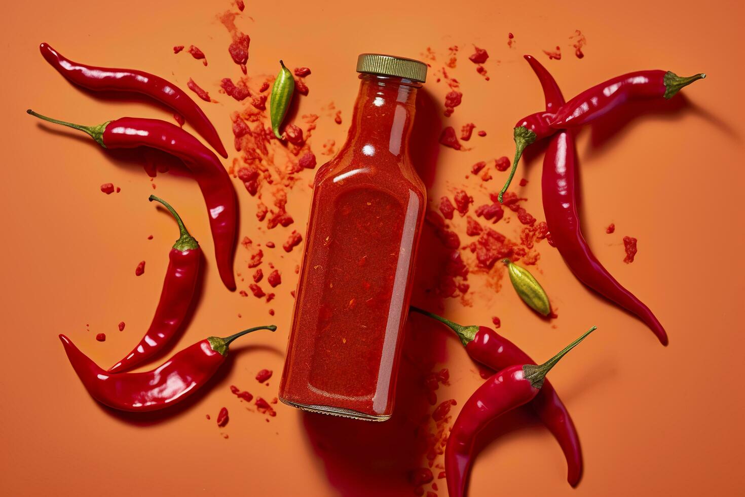 Tabasco hot pepper sauce with red chili pepper, flat lay. Generative AI photo