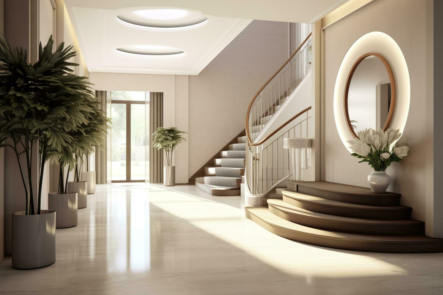 The interior design of the modern entrance hall with a staircase in the villa. AI Generated photo