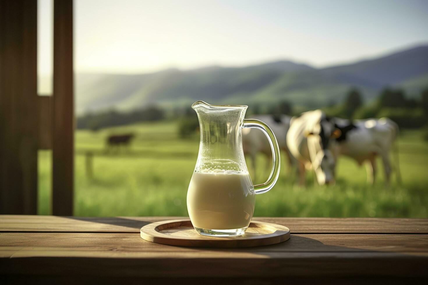 Glass pitcher with fresh milk on a wooden table. AI Generated photo