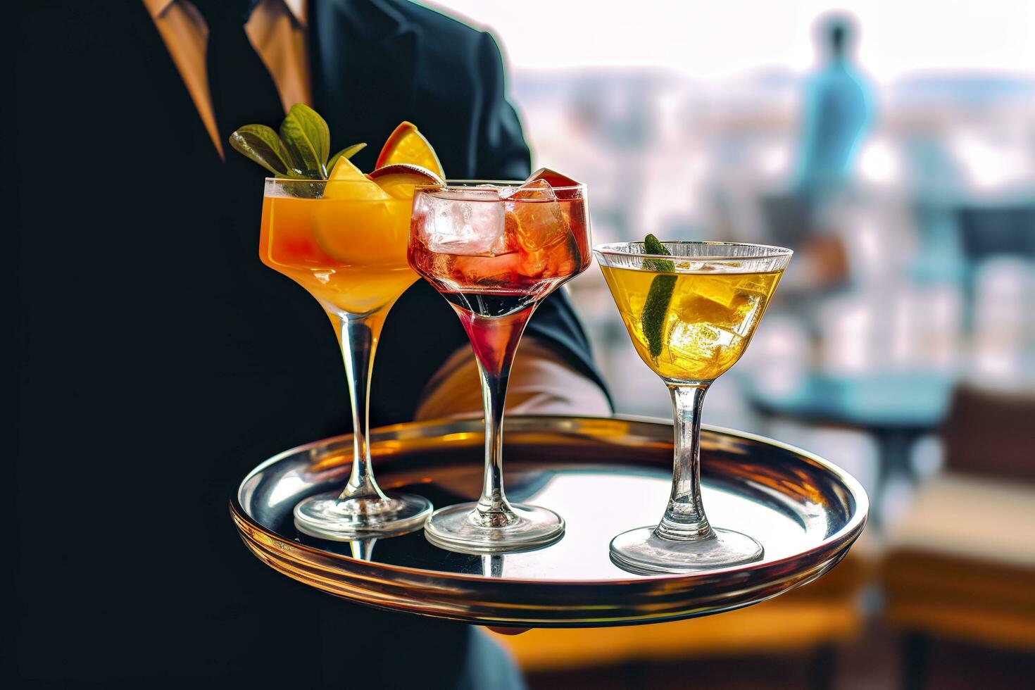 Glasses alcohol cocktail set on a waiter tray in bar. AI Generated photo