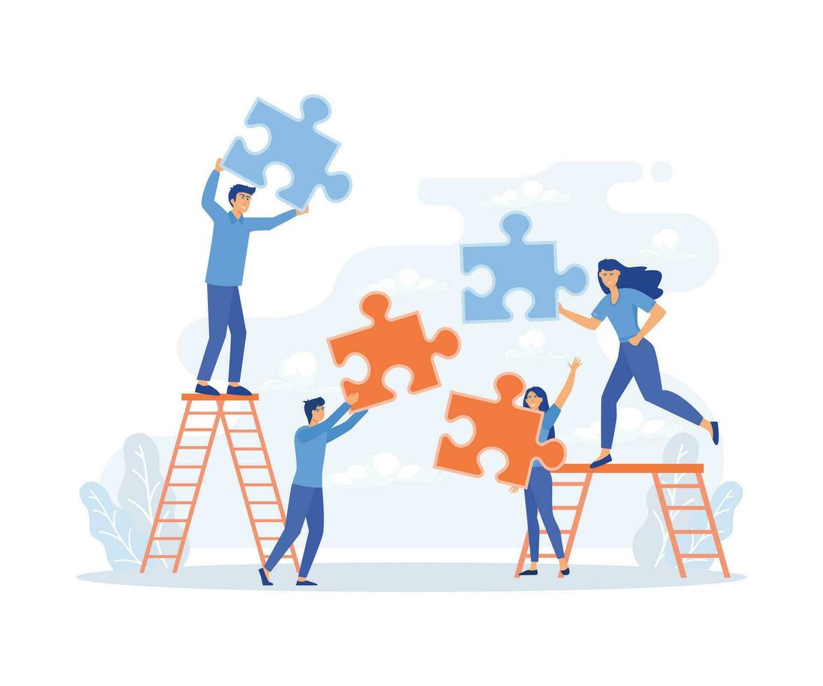 Team work, team building, corporate organization, innovative business approach, brainstorming, people with puzzle pieces, flat vector modern illustration