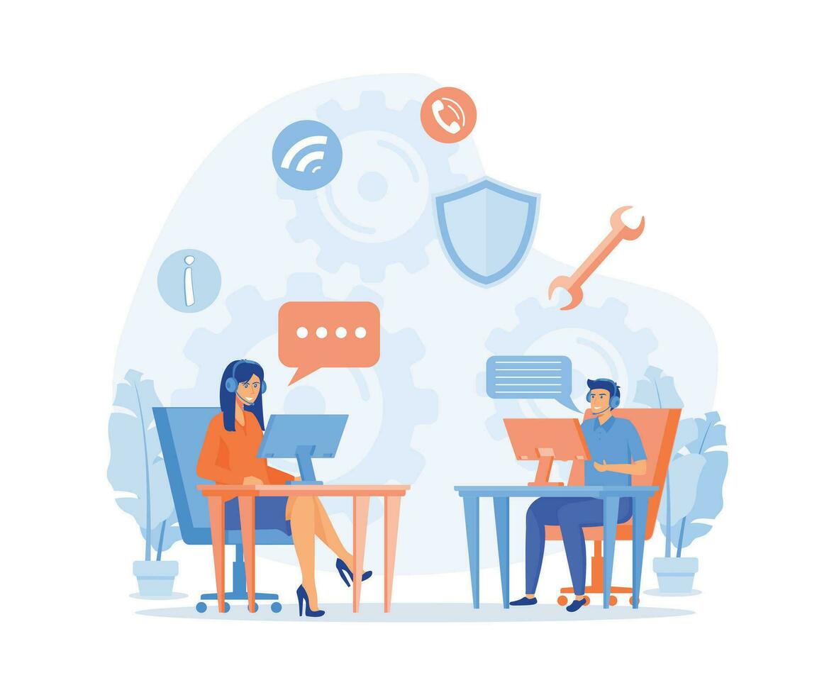 Customer service, hotline operators consult customers with headsets on computers, 247 global online technical support, flat vector modern illustration