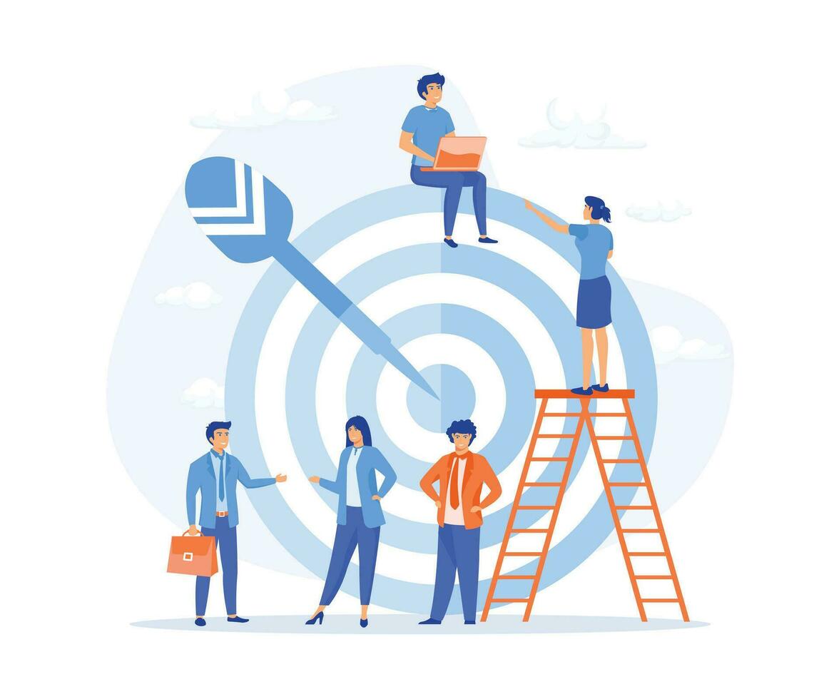 business target, Businessmen working and woman at big target with arrow. Internal marketing, company goals promotion,  flat vector modern illustration