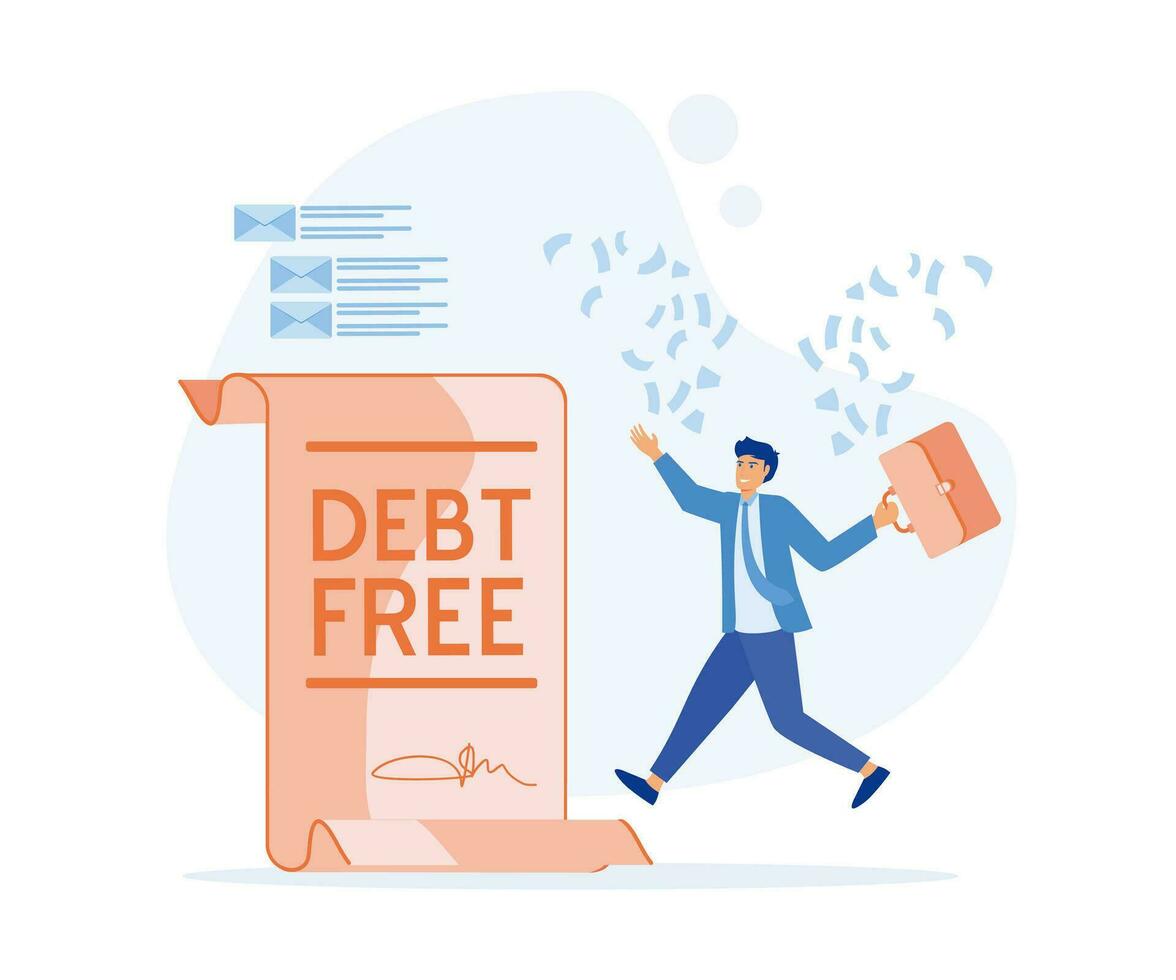 businessman with debt free letter, happy businessman jump with money fly around him,  flat vector modern illustration