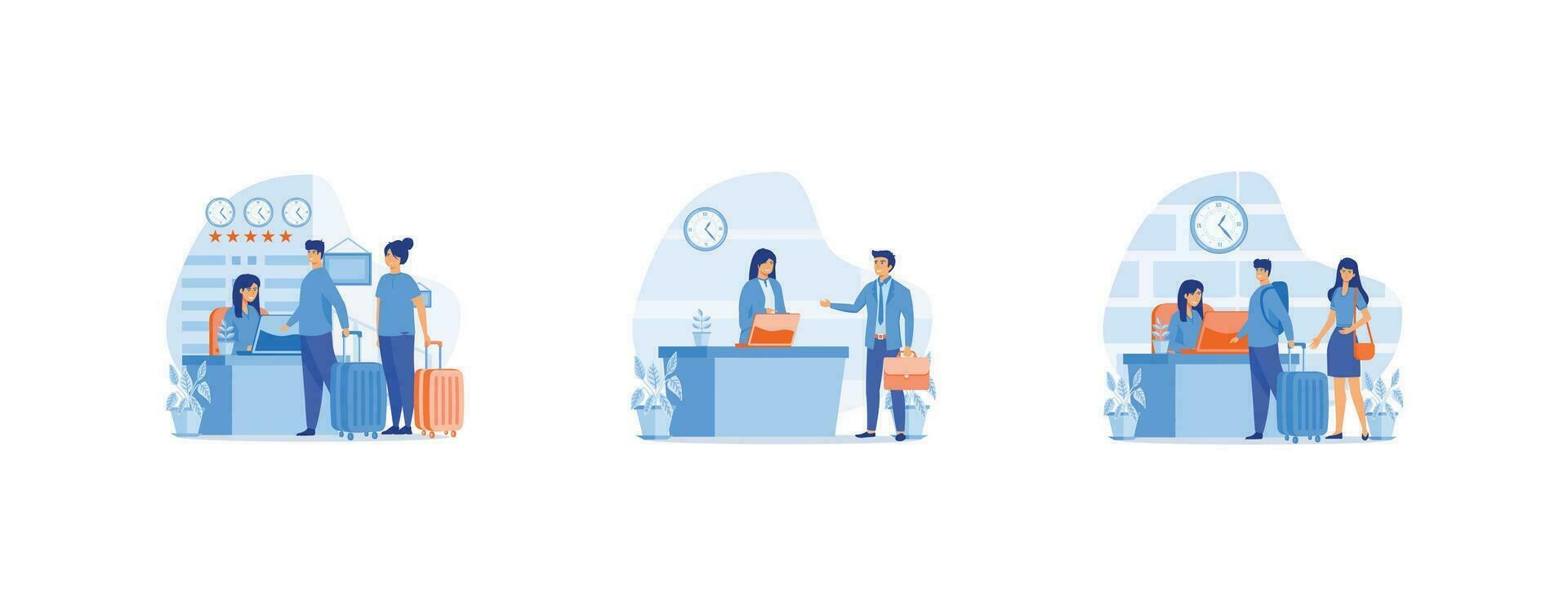 Hotel reception concept, registration hotel service, check in to hotel, Scene of visit to service center, set flat vector modern illustration