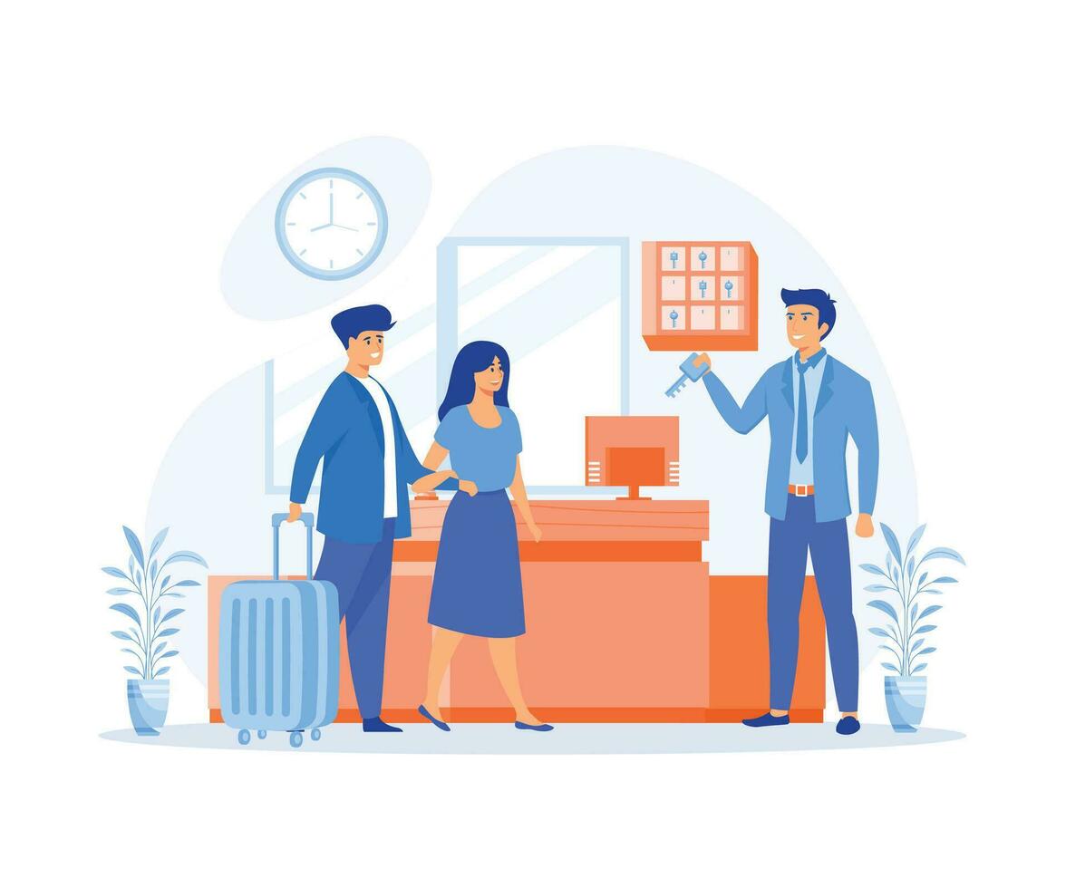 hotel receptionist concept, Hotel scene with couple registration. Man and woman at reception desk with suitcases, receptionist with key, flat vector modern illustration