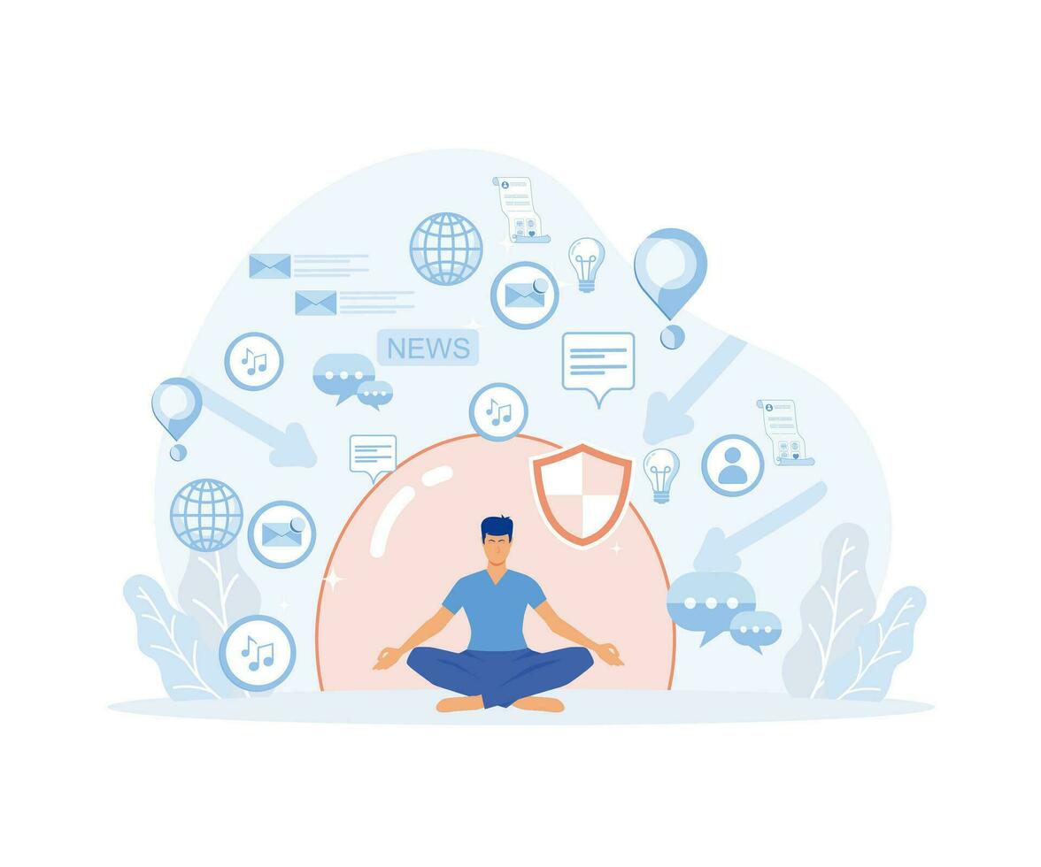 Information overload concept. Dome filter protects the girl from unnecessary information,  flat vector modern illustration