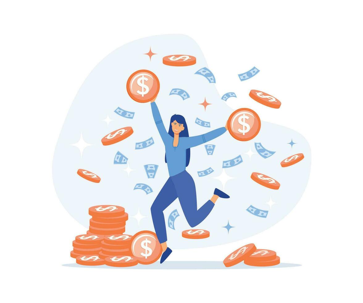 contento mujer consiguiendo dinero en efectivo. persona ahorro dinero, consiguiendo lucro o alto ingreso, plano vector moderno ilustración