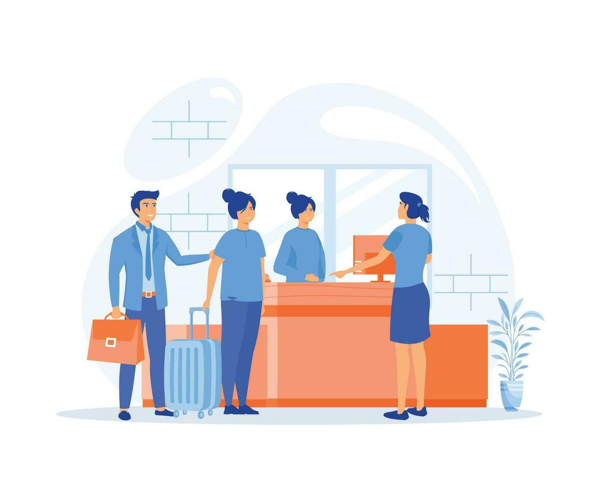 Receptionist welcomes the guest. Woman with suitcases is standing at reception desk. Check into hotel. flat vector modern illustration