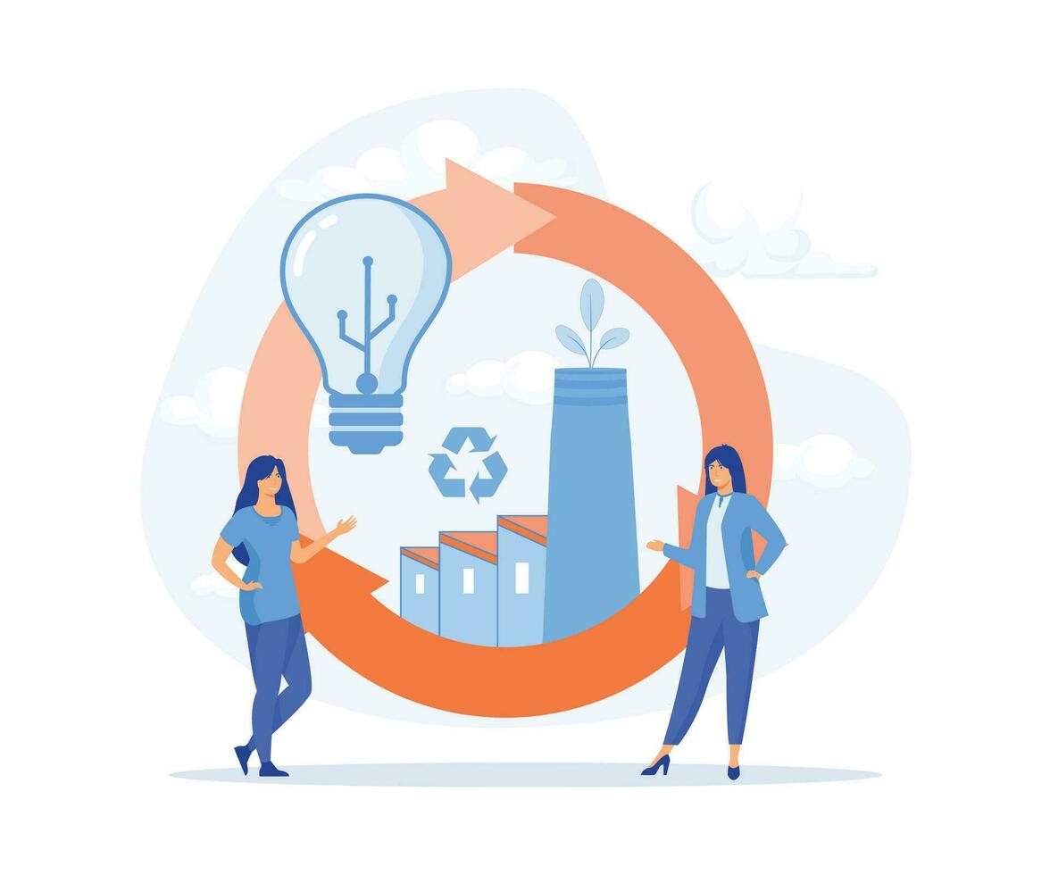 Circular economy and energy production, people holding cycle sign with power factory, manufacturing circulation process in industry, flat vector modern illustration