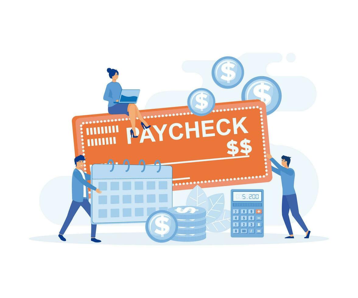 Salary and payroll concept,  employees and calendar with payday and a paycheck, flat vector modern illustration