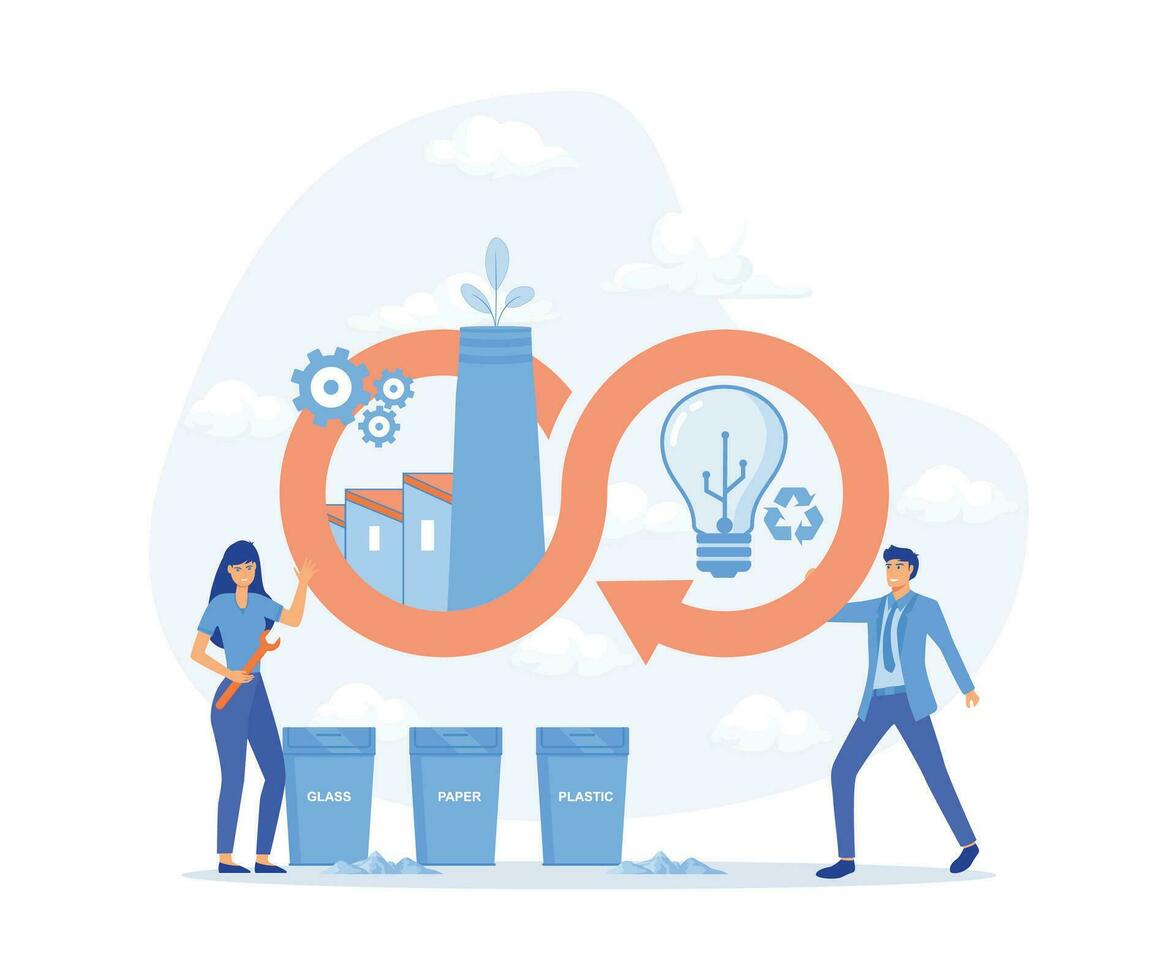 Circular economy, eco friendly energy production, infinity sign with factory, industry development cycle with waste recycling, flat vector modern illustration