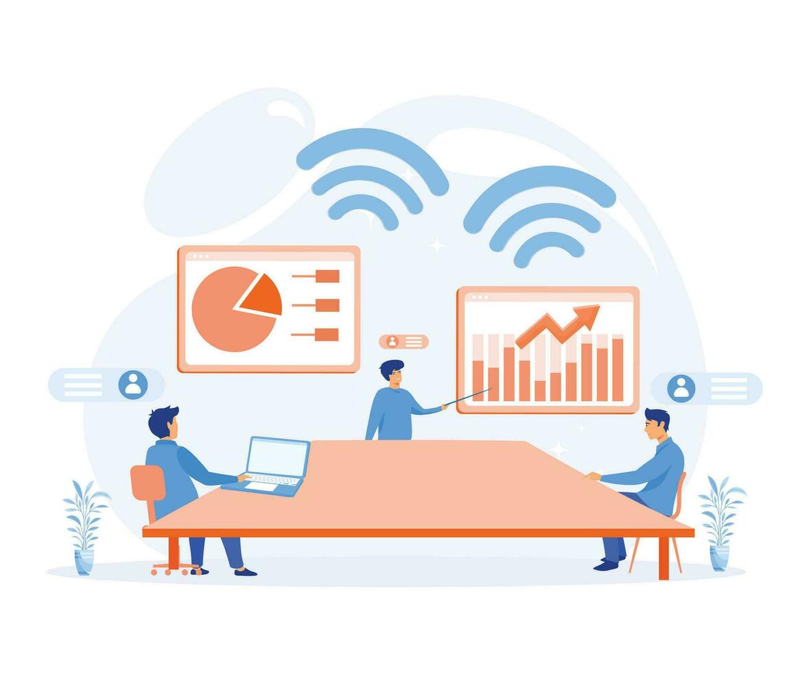 digital workspace, remote work and teamwork concept. Corporate business team having a meeting in a virtual office room. flat vector modern illustration