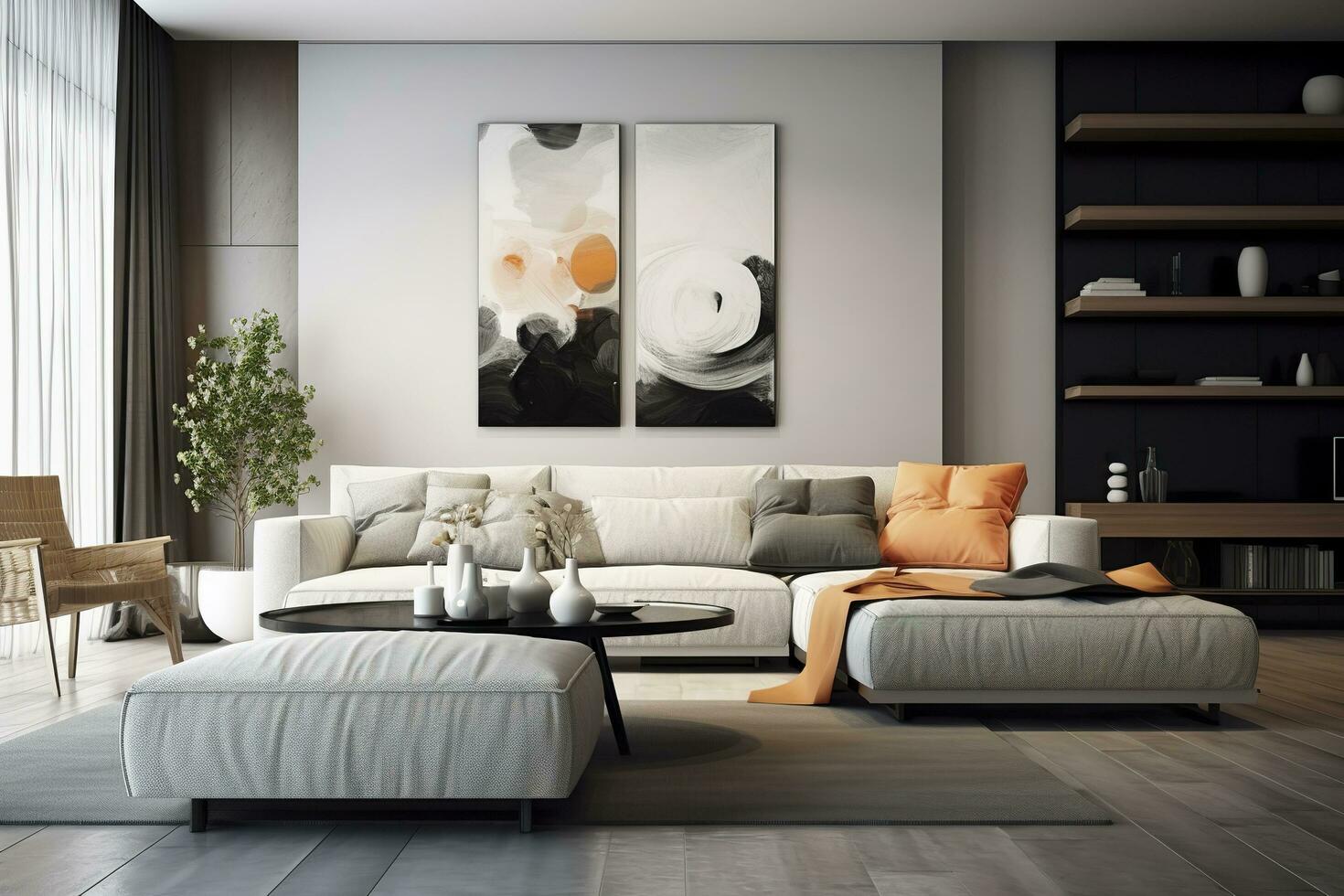 Modern living room with sofa and furniture. AI Generated photo