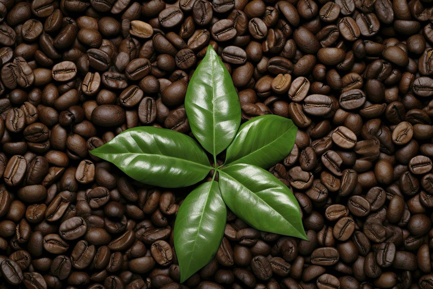 Green leaves with coffee beans as background. AI Generated photo