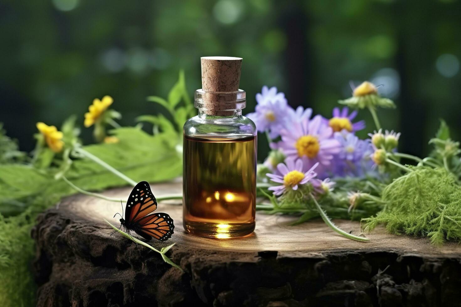 Glass Bottle of herbal essential extract, butterfly, and wildflowers on a tree stump. AI Generated photo