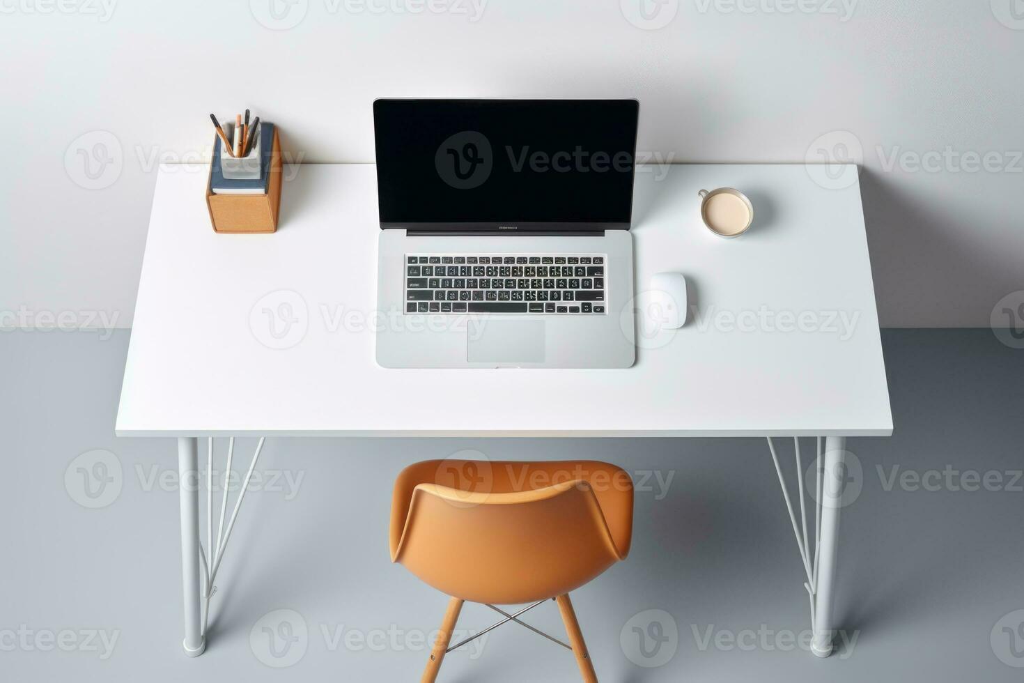 Workplace at home, light table with laptop, mouse, cup and chair. Writing utensils. Top view. Generated by artificial intelligence photo