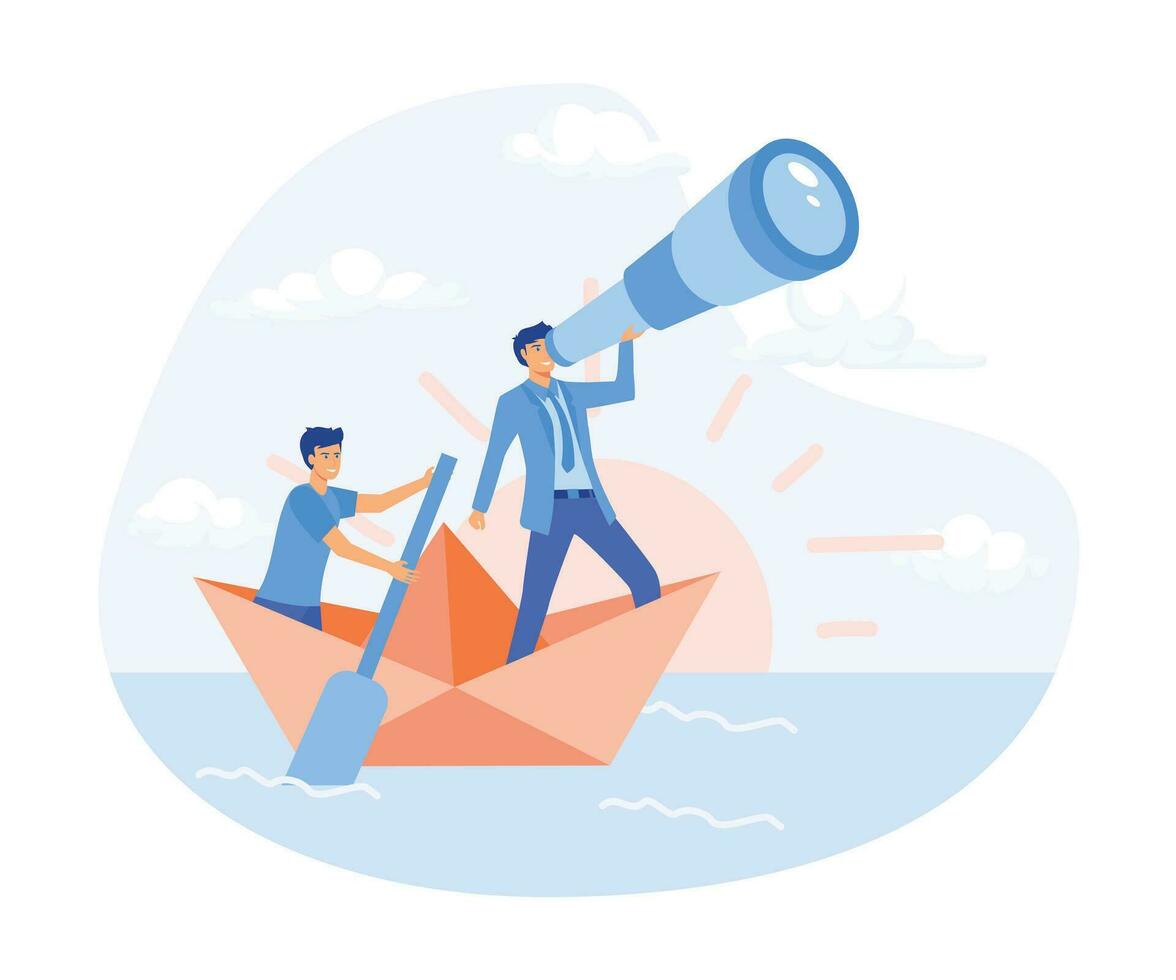 Businessman Leader looking through a telescope, business people stands with a paddle floating on a paper boat,  flat vector modern illustration