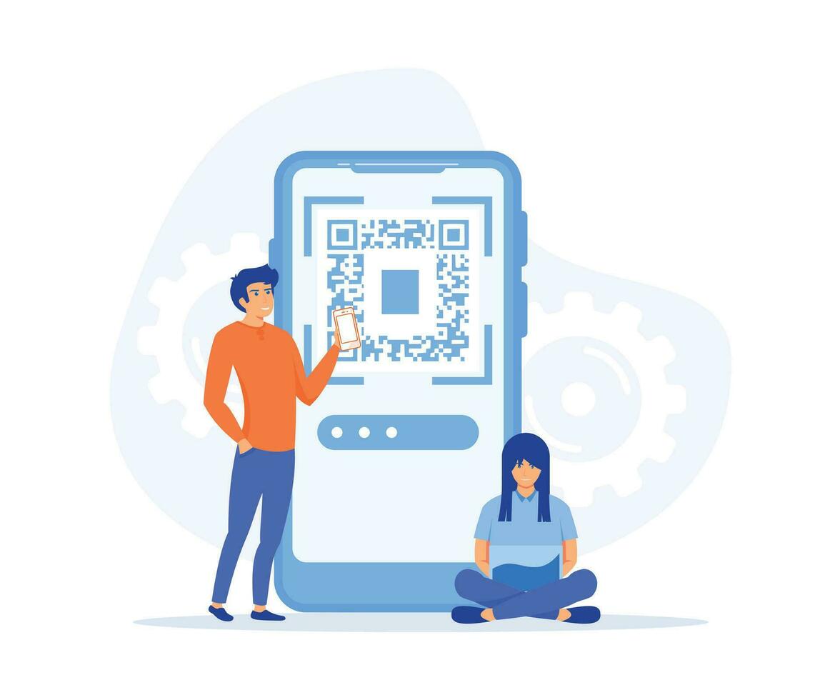 QR code scanning  concept, people use smartphone and scan QR code for payment and everything, flat vector modern illustration