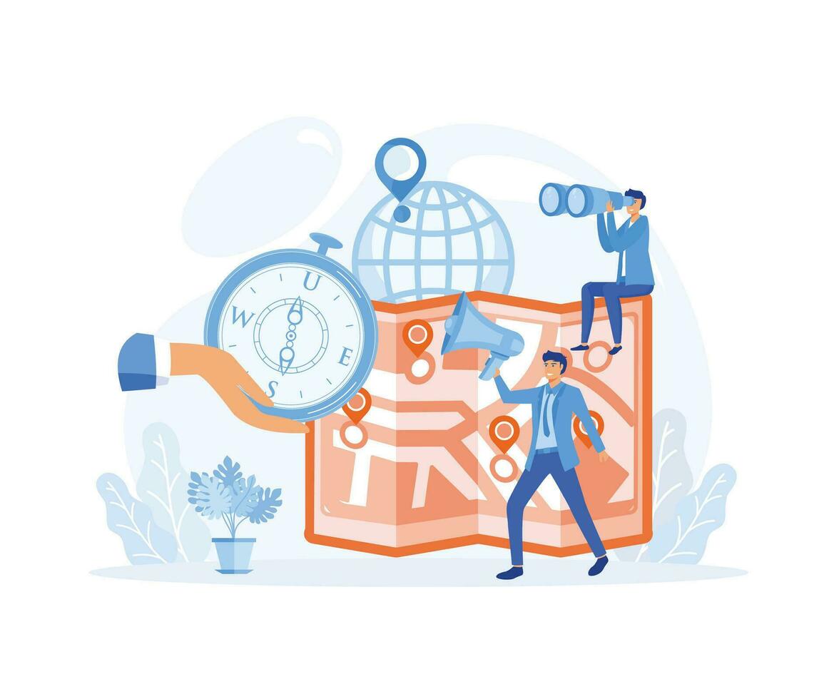 Gps navigation concept. Tiny people search on location. Online map. flat vector modern illustration
