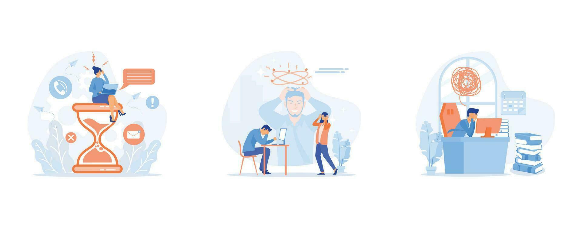 Stress in the office. Rush work. Deadline, Tired and exasperated business person grabbed his head with business process icons on background, set flat vector modern illustration