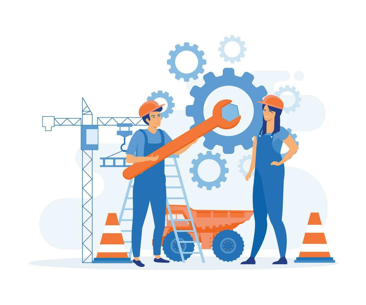 workers couple rotating cogwheels teamwork process. brainstorming and teamwork concept.  flat vector modern illustration