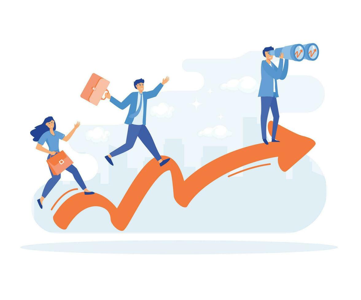 success of teamwork, cooperation and partnership, people stand on arrow line, flat vector modern illustration