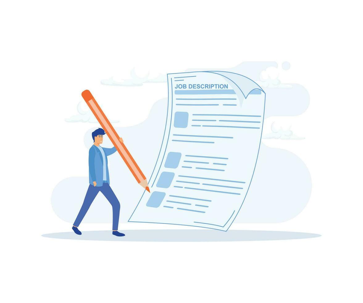 job description concept, Company employee writing job description in form, flat vector modern illustration