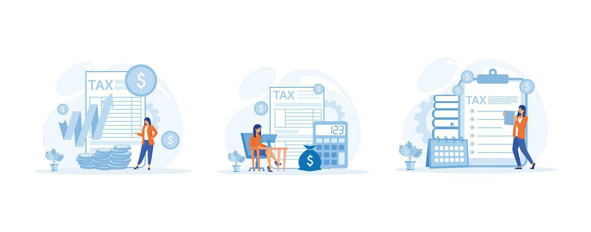 Tax preparation concept. Corporate tax, taxable income, fiscal year, document preparation, payment planning. set flat vector modern illustration