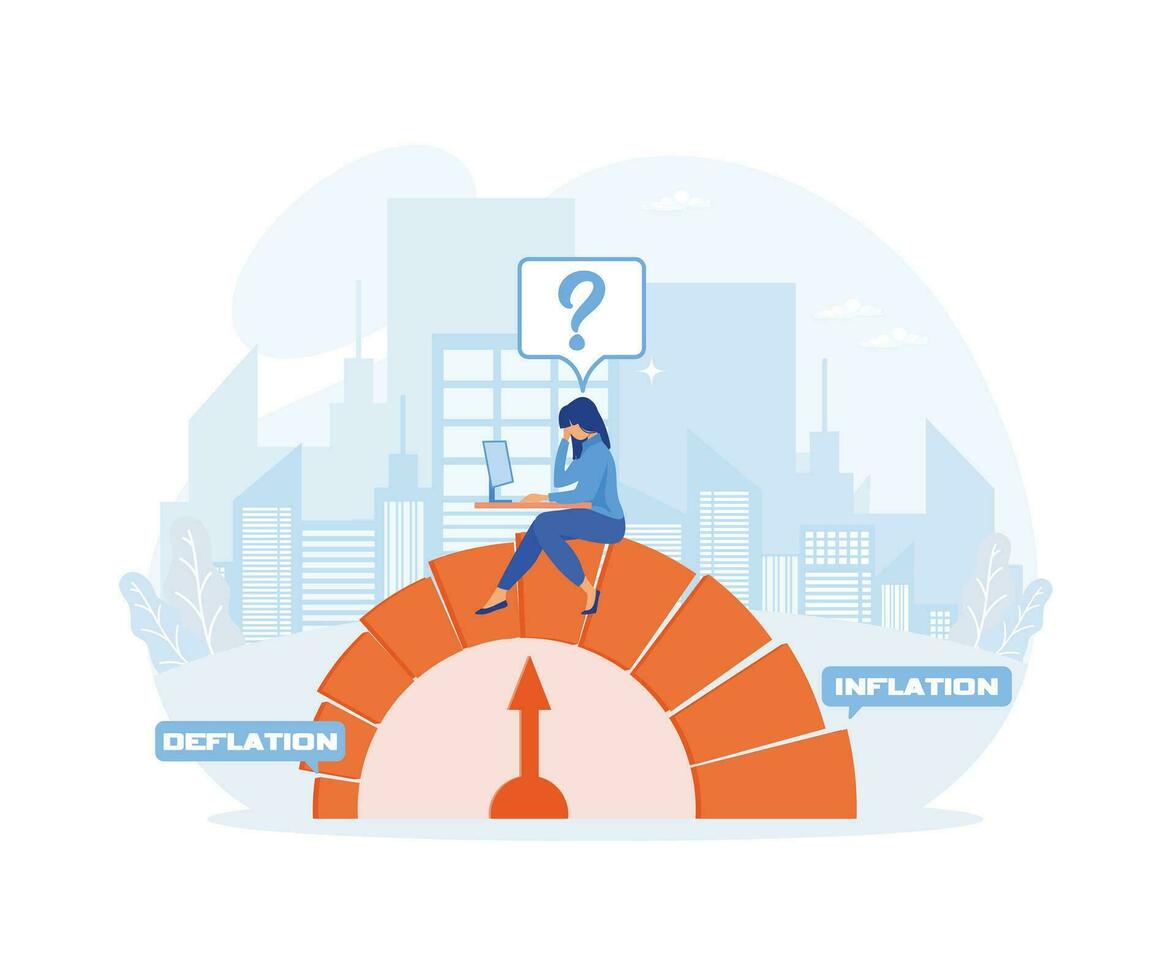 A businessman sits on a money meter to assess economic risks. flat vector modern illustration