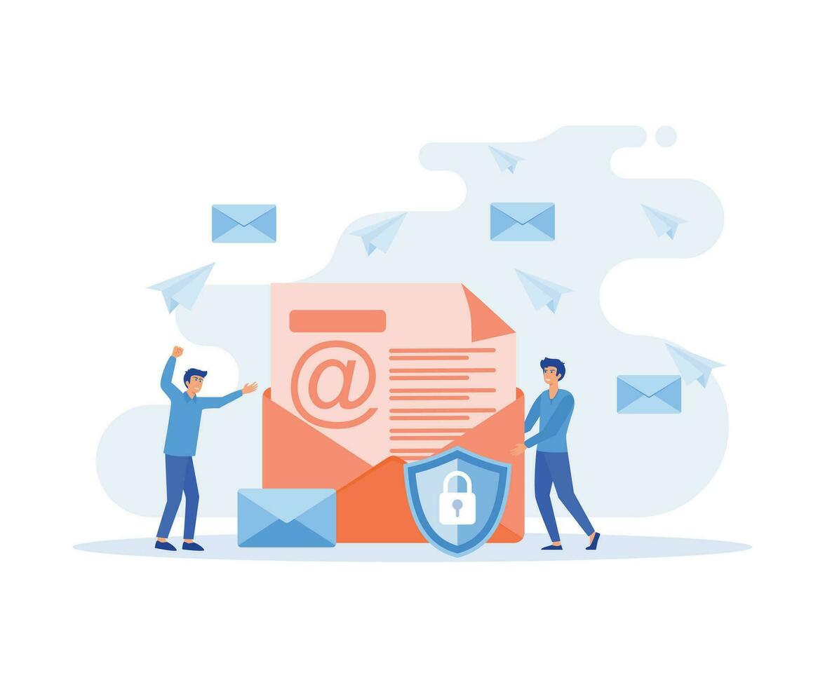Secure, encrypted messages, emails. Two people stand near big envelope, letter with shield,  flat vector modern illustration