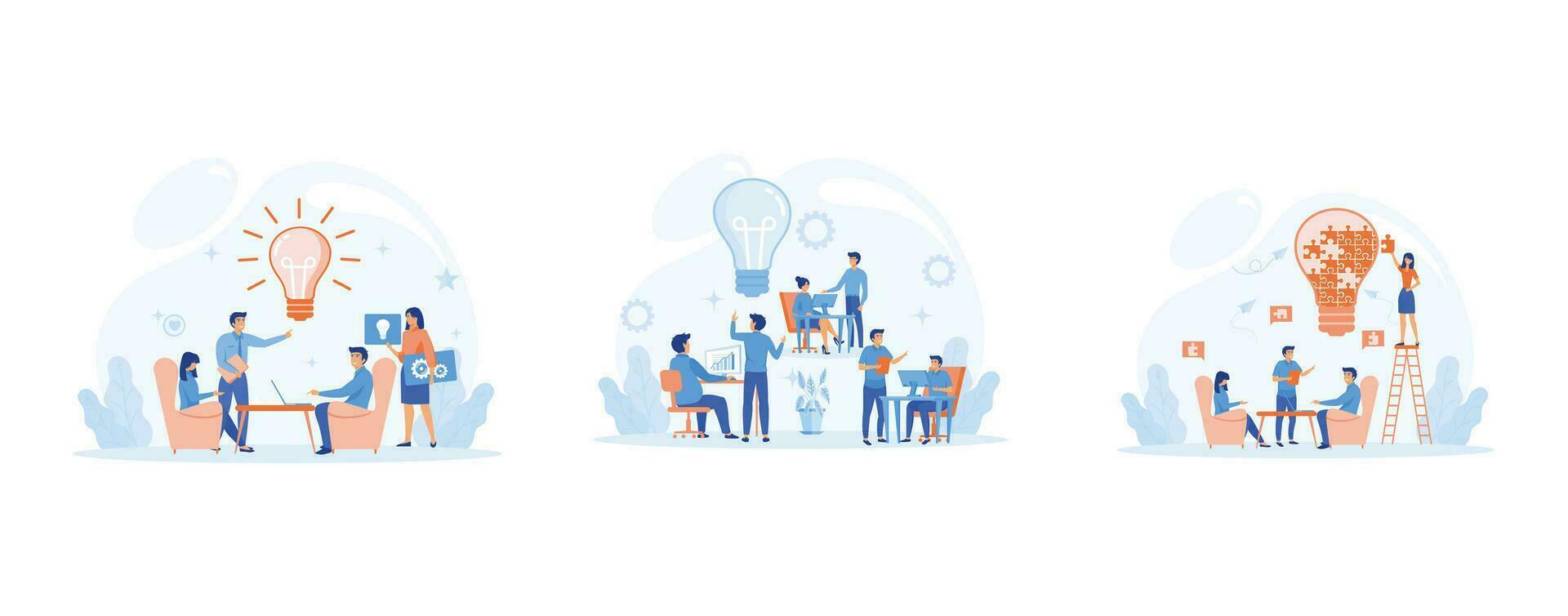 Innovation, improving career, business start concept. workers searching for new ideas and decisions rising career to success. set flat vector modern illustration