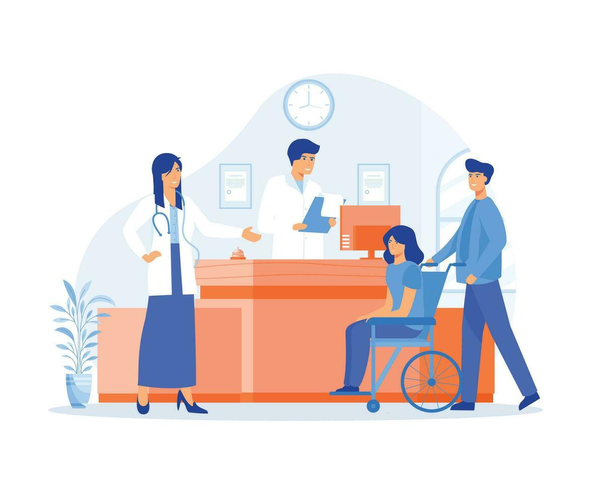 Reception in hospital with patients. Waiting room with disabled man. flat vector modern illustration
