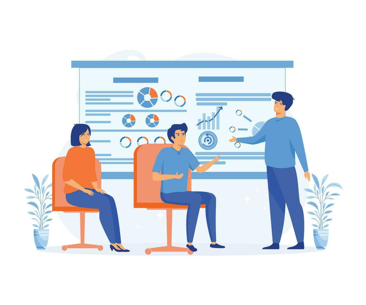 business concept. Business seminar speaker doing presentation and professional training about marketing, sales and e-commerce. flat vector modern illustration