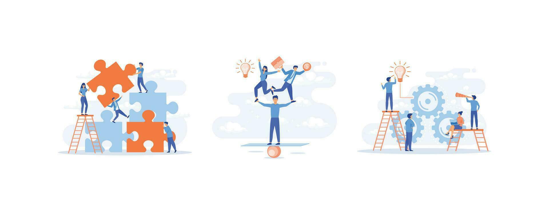Business concept, teamwork, cooperation, partnership. good balance between idea, time and work. set flat vector modern illustration