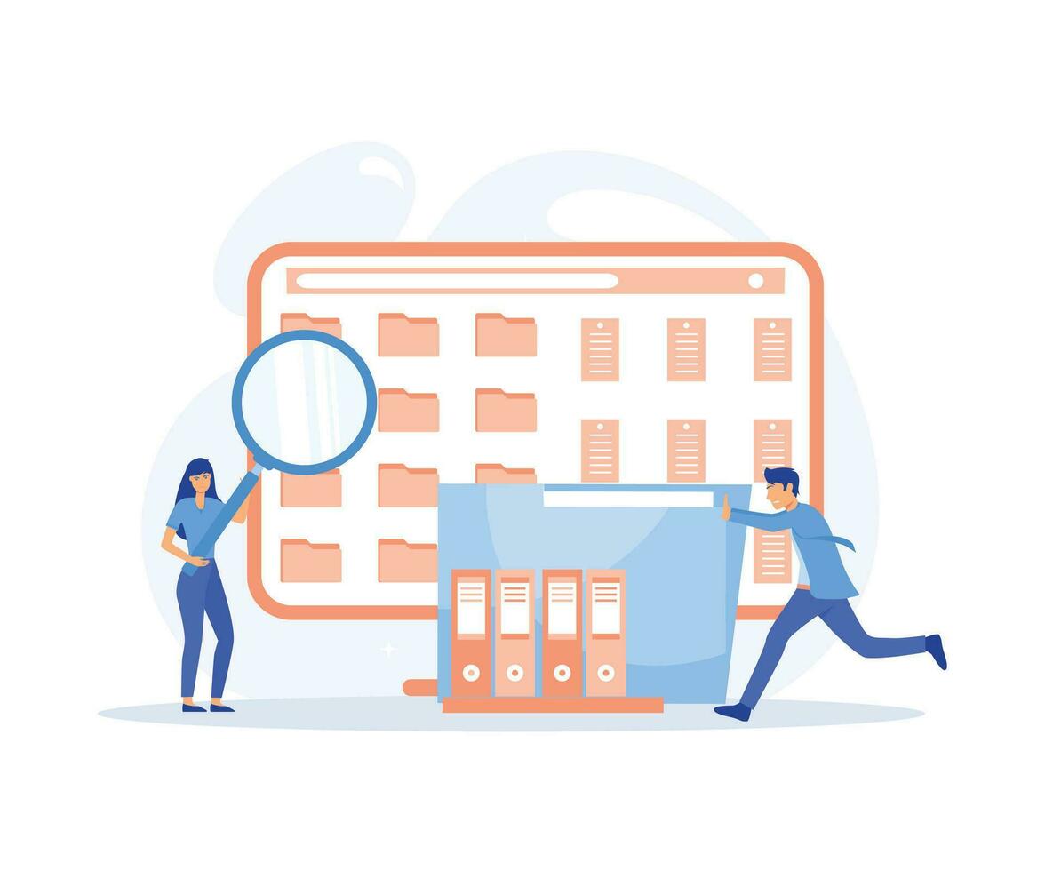 Male worker add files to big folder. Storage and indexing of information,  flat vector modern illustration