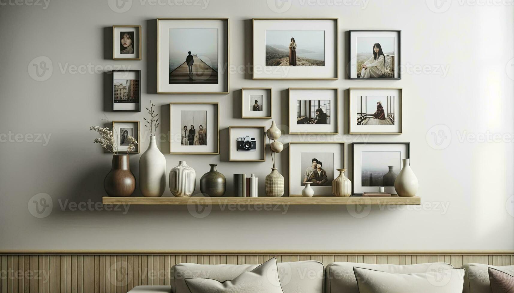 A stylish living room with a dominant white wall. A wood floating shelf graces the wall, bearing several picture frames that contain photographs of diverse individuals and sceneries. AI Generative. photo