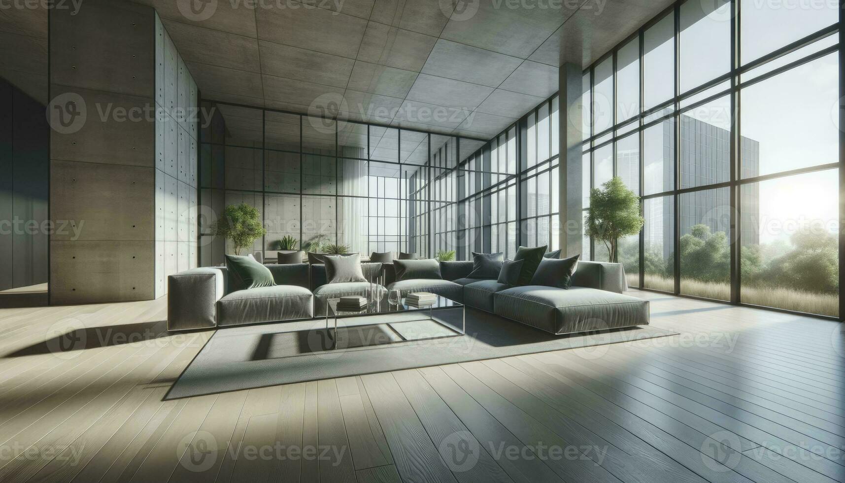 A spacious room highlighting floor-to-ceiling windows, a central gray sectional sofa, and indoor plants adding green accents. AI Generative. photo