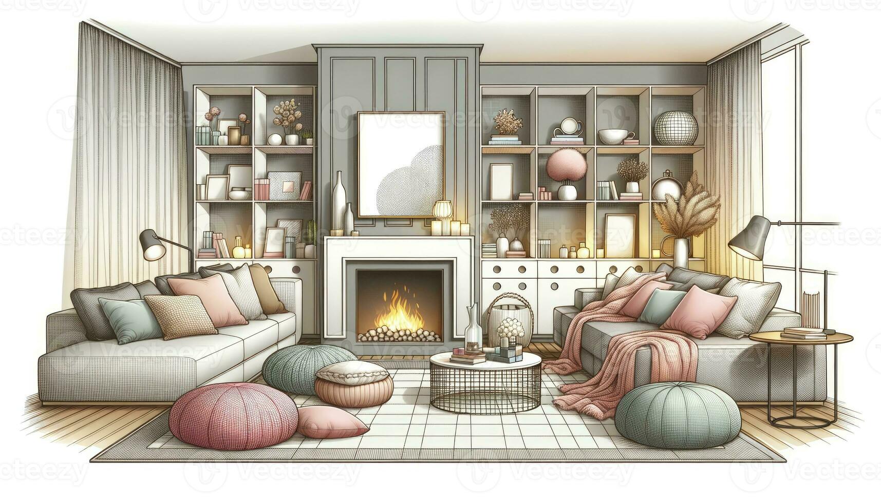 Illustration of a contemporary living room setup featuring a cozy fireplace, modular shelving, a plush area rug, and a mix of soft pastel-colored throw pillows. AI Generated photo