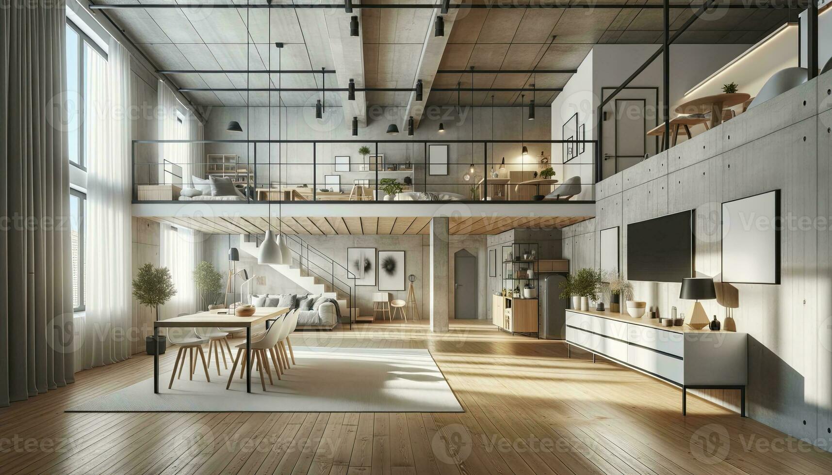 A spacious modern Scandinavian loft apartment. The design seamlessly combines functionality and style, with ample natural light illuminating the minimalist decor and furnishings. AI Generative. photo