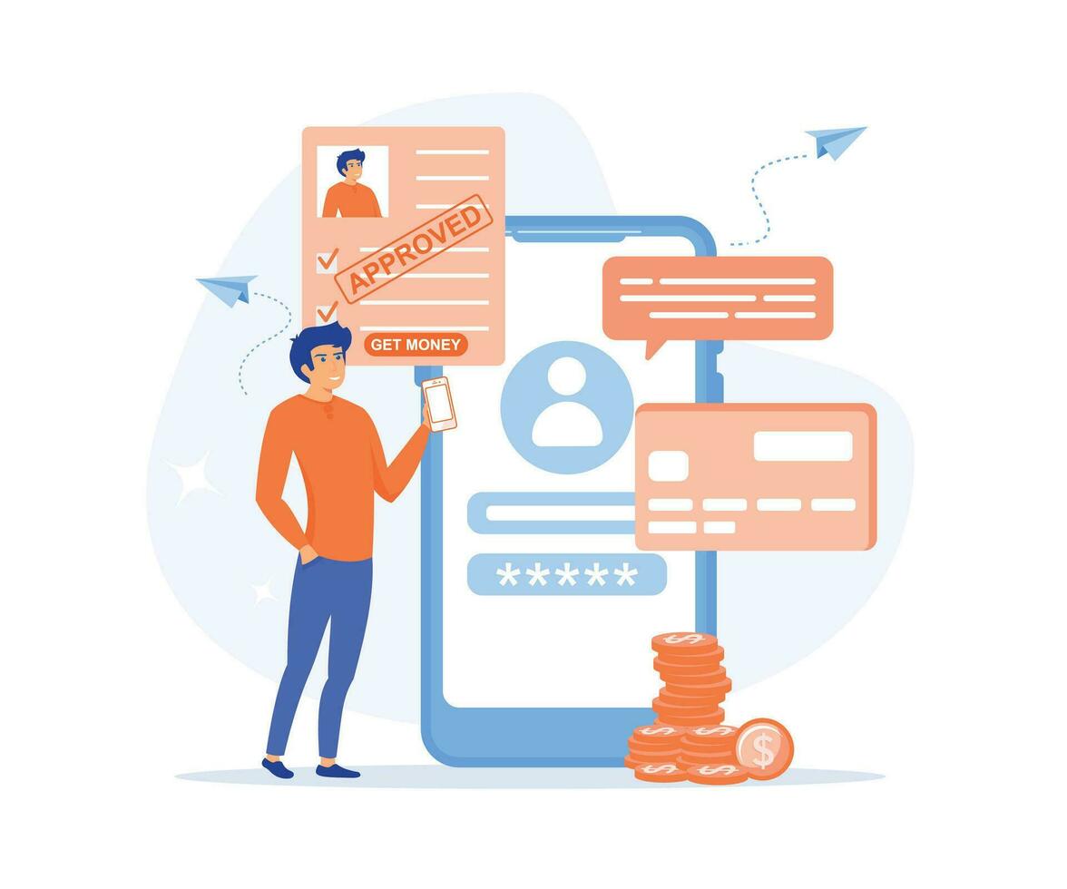 Banking service online, get credit fast and easy, get loan via smart phone application,  flat vector modern illustration