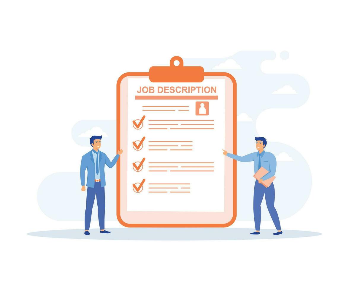 Job description concept, duties and responsibilities for work, qualifications and requirements for job positions, flat vector modern illustration