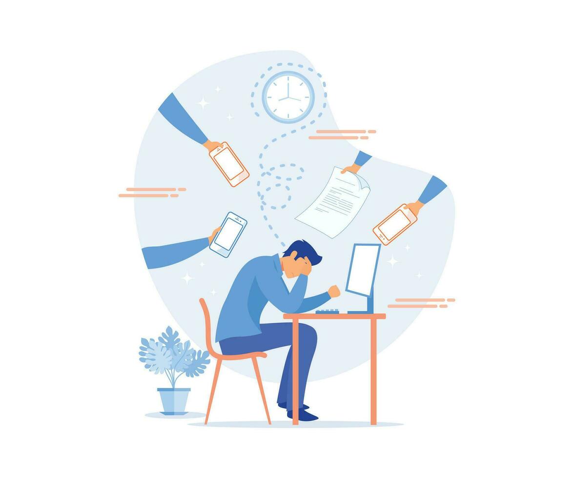 multitarea y hora administración concepto. negocio hombre rodeado por manos con oficina cosas. plano vector moderno ilustración
