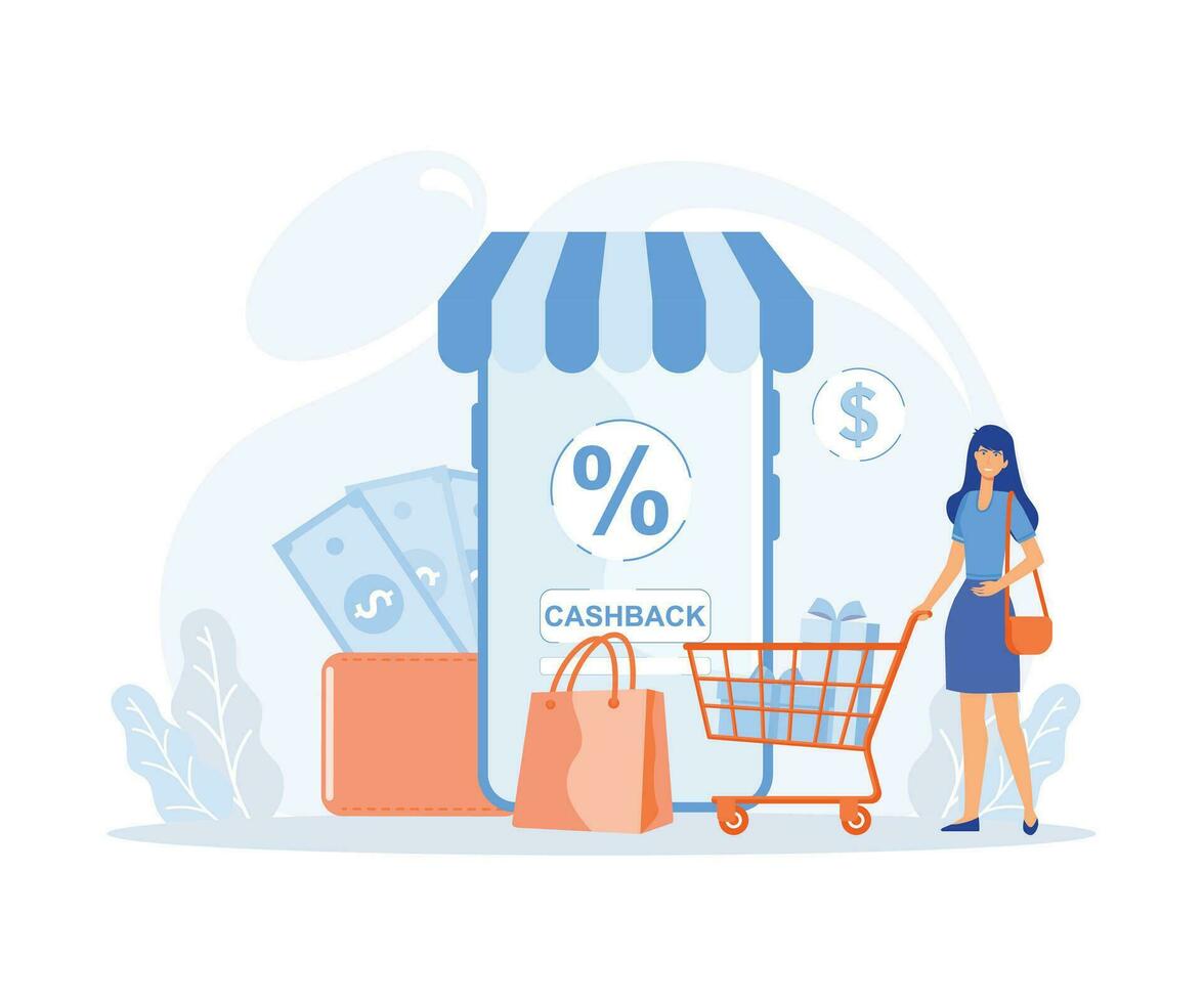 Online cashback service for purchase with phone screen.Internet money saving.Bonus program,  flat vector modern illustration