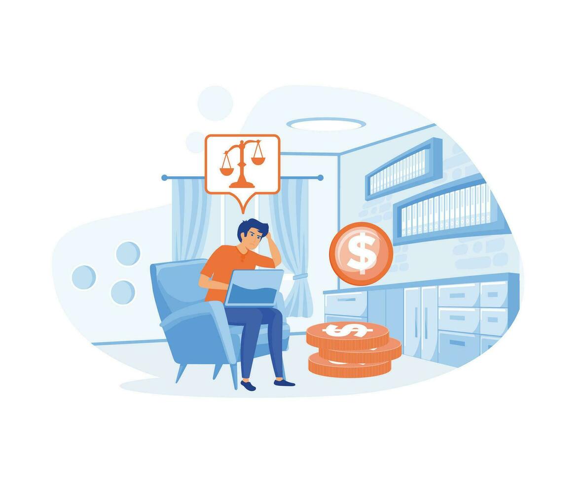 Depressed young man sitting on a chair reading a document and thinking about finding money for paying bills. flat vector modern illustration