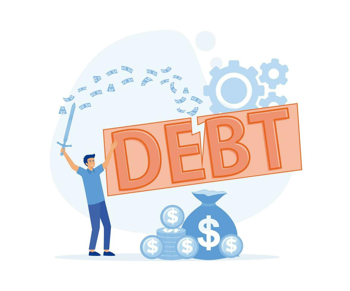 Cut debt - Businessman cutting the word debt with a sword, Money flying around. Reduce, slice and get rid of debt. flat vector modern illustration