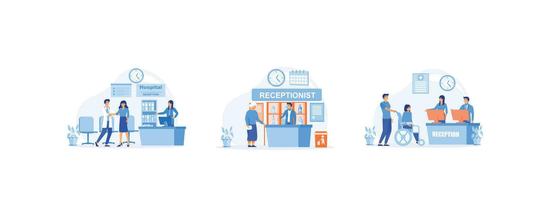 Modern clinic reception, Hospital visit, happy physician and patient, Senior lady visiting medical clinic, Waiting room with disabled patient, set flat vector modern illustration