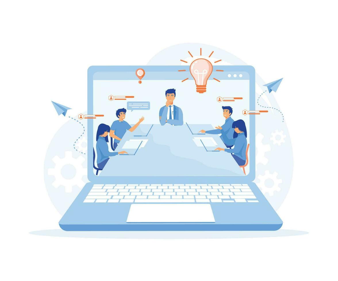 digital workspace, remote work. Corporate business team having a meeting in a virtual office room, flat vector modern illustration