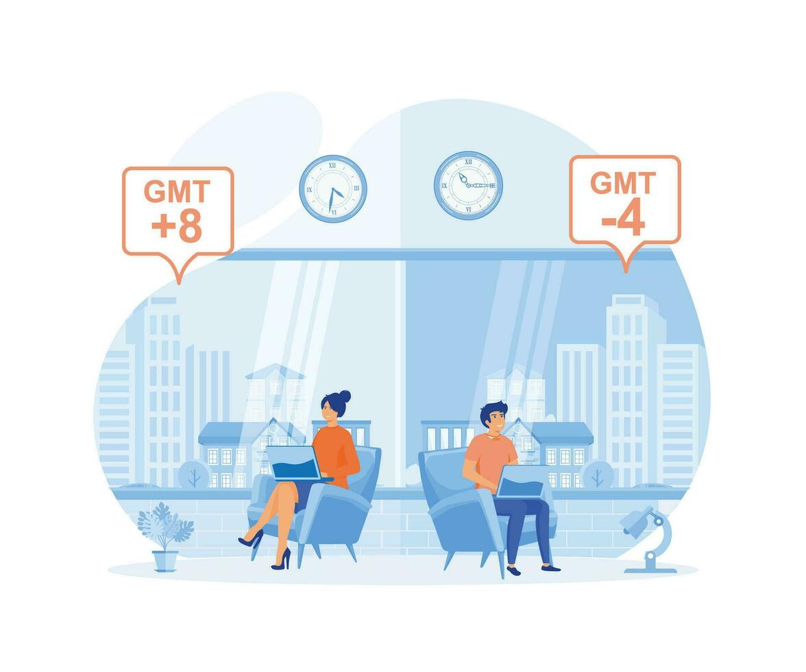 Time zones concept collage with man and woman working during night and daytime. flat vector modern illustration